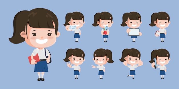 Pose De Personnage Debout étudiant Thaï. Conception D'animation De Lycée De Bangkok Thaïlande.