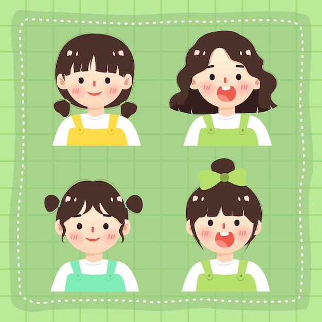 Vecteur poses et expressions faciales de filles mignonnes illustration de dessin animé