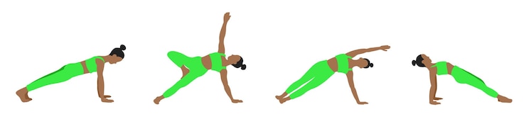 Vecteur poses de yoga de dame afro-américaine dans un style plat de dessin animé survêtement vert pilates santé mentale
