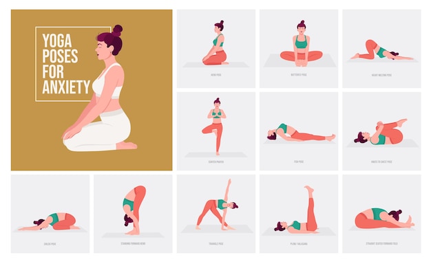 Vecteur poses de yoga pour l'anxiété jeune femme pratiquant la pose de yoga femme d'entraînement fitness