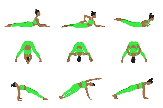 Poses de yoga pour femmes afro-américaines dans un style plat de dessin animé