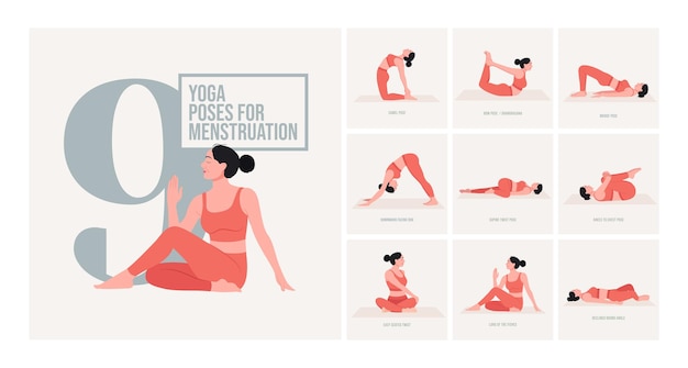 Vecteur poses de yoga pour la menstruation jeune femme pratiquant des poses de yoga