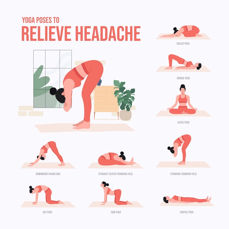 Vecteur poses de yoga pour soulager les maux de tête