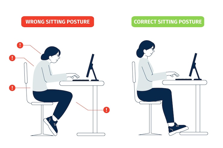 Vecteur position d'affaires de bureau correcte assis mal assis pour la colonne vertébrale jambes et positions du corps au travail avec ordinateur postures ergonomiques concept vectoriel récent
