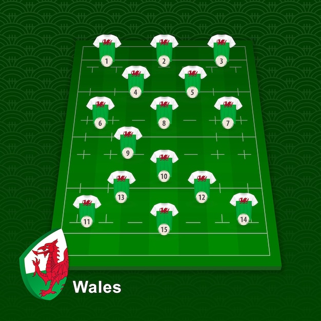 Position De Joueur De L'équipe De Rugby Du Pays De Galles Sur Le Terrain De Rugby. Illustration Vectorielle.