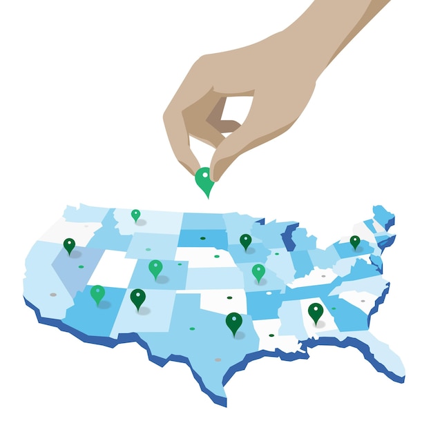 Positionnement à la main des broches de localisation gps sur la carte des États-Unis d'Amérique