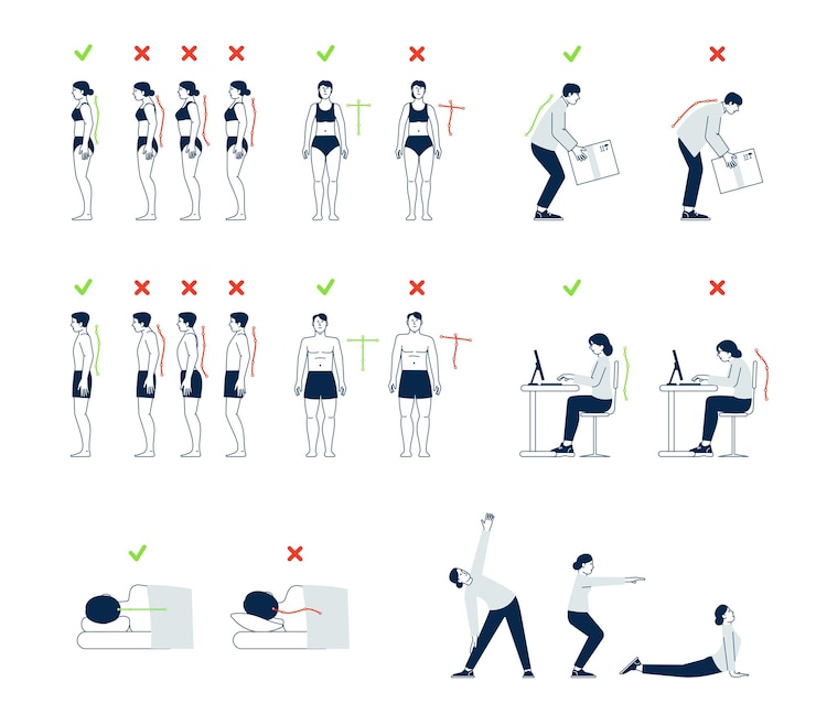 Vecteur positions correctes posture infographie physiothérapie et bon sommeil se tenir correctement assis et soulever des poids position droite et mauvaise de la colonne vertébrale ensemble vectoriel récent