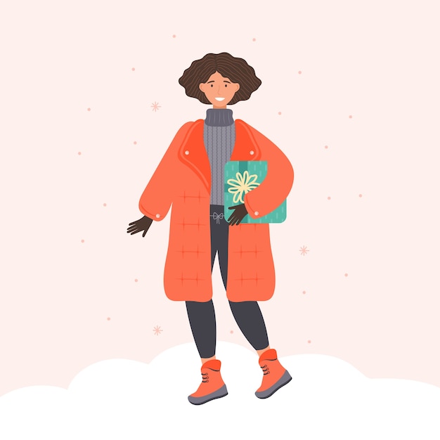 Positive Jeune Femme En Vêtements D'hiver Tenant Présent Au Shopping De La Saison Des Fêtes. Personnage Féminin De Dessin Animé Transportant Une Boîte-cadeau.