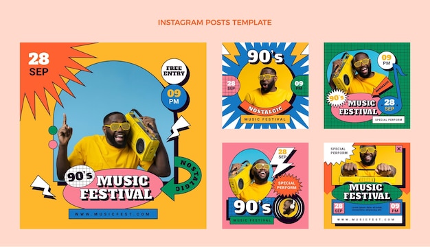 Vecteur post instagram du festival de musique nostalgique des années 90