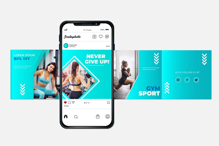 Vecteur poste de carrousel instagram avec un téléphone portable