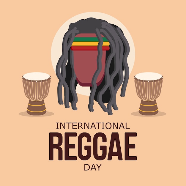 Poste De Célébration De La Journée Internationale Du Reggae Avec Un Homme Portant Un Bandeau Drapeau Jamaïcain Et Un Tambour Djembé