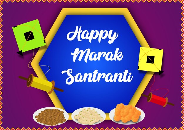 Poste de Happy Makar Sankranti sur fond violet avec des cerfs-volants et des assiettes sucrées