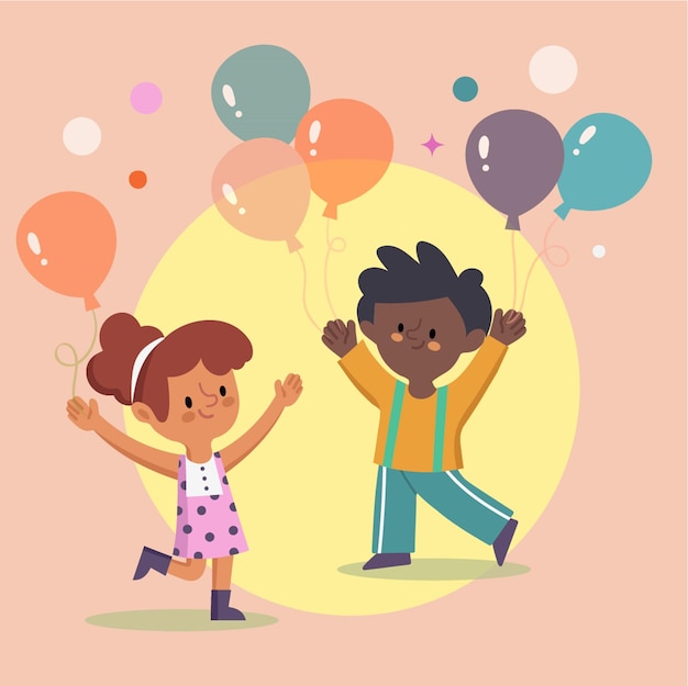 Poste d'illustration de la journée des enfants avec un personnage d'enfant et des enfants heureux avec un ballon MJ024