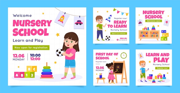 Poste instagram de l'école maternelle design plat
