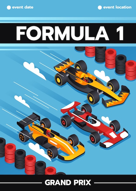 Poste de voitures de F1 en vue isométrique