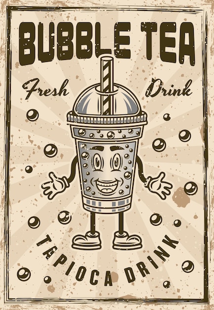 Poster de boisson de tapioca de personnage de dessin animé en tasse de thé à bulles dans un style coloré vintage Illustration vectorielle avec des textures grunge et du texte sur des couches séparées