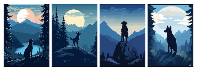 Poster De Chien Dans Les Montagnes Dans Le Style D'illustration Vectorielle Bleu Foncé Et Bleu Clair