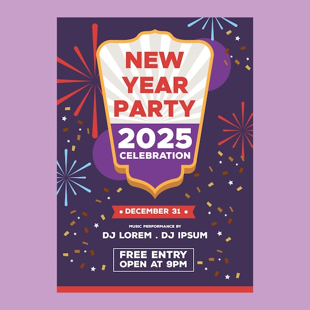 Poster de la fête du Nouvel An 2025 avec des feux d'artifice et une mise en page moderne