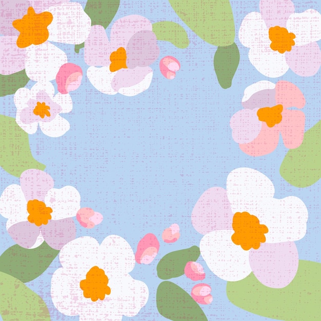 Vecteur poster de printemps carré fleurs traditionnelles branche d'arbre à pommes modèle de fond bleu bannière de vacances