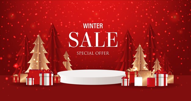 Poster de vente d'hiver avec sapin et boîte cadeau