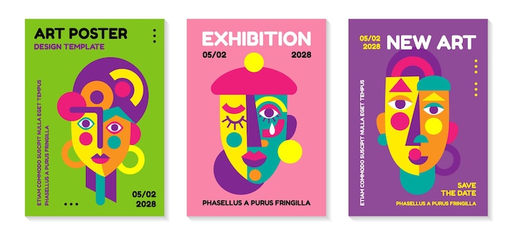 Vecteur posters d'art portrait de visage géométrique art mural de style cubiste couvertures abstraites contemporaines conception de personnes modernes créatives abstraction dans un style minimal personnages créatifs set vectoriel
