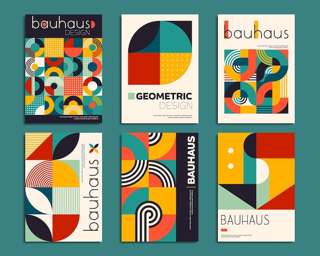 Posters de Bauhaus géométriques avec des motifs abstraits mosaïque vectoriel arrière-plans modernes art de la couleur et des formes du Bauhaus scandinave ou suisse motifs avec une mosaïque géométrique abstraite pour affiches ou couvertures