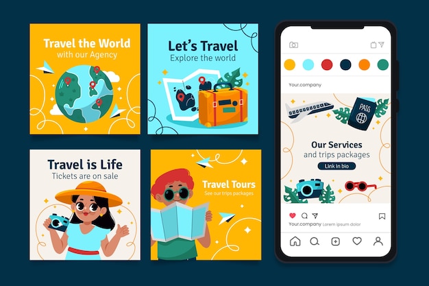 Vecteur postes instagram d'aventure de voyage au design plat