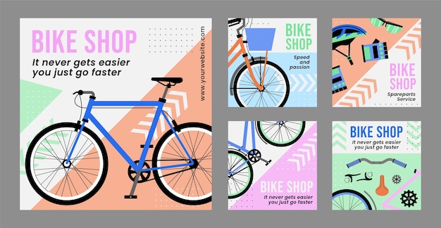 Vecteur des posts sur instagram de magasins de vélos à design plat