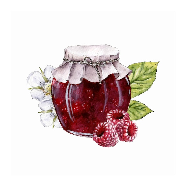 Pot De Confiture De Framboises Avec Fleurs Et Feuilles. Illustration Aquarelle Dessinée à La Main Isolée Sur Blanc