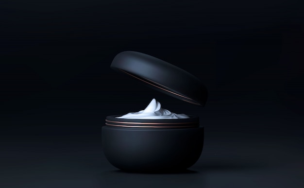 Pot De Crème Cosmétique élégant Pour Les Soins De La Peau Sur Fond Noir. Beau Modèle Cosmétique Pour Les Annonces. Marque De Produits De Maquillage. Pot Cosmétique 3d Noir Mat Réaliste