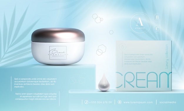 Pot De Crème De Produits Cosmétiques 3d élégant Pour Les Produits De Soins De La Peau. Crème De Luxe Pour Le Visage. Conception De Flyer Ou De Bannière Publicitaire Cosmétique. Modèle De Crème Cosmétique Bleue. Marque De Produits De Maquillage.