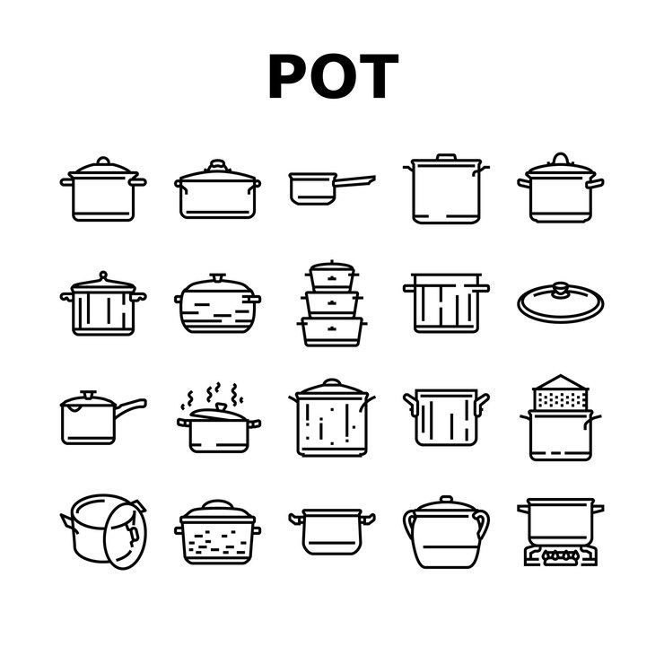 Vecteur pot cuisine cuisine pan cuisson icônes set vector