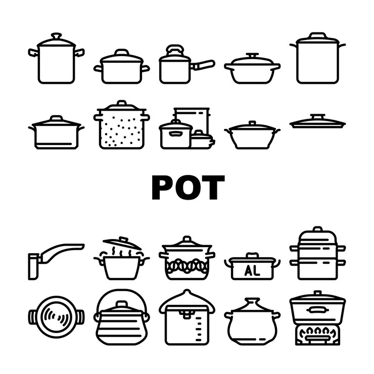 Vecteur pot cuisine nourriture casserole cuisson icônes ensemble vecteur cuire soupe casserole couvercle acier chef ustensiles de cuisine métal poêle ustensile inoxydable pot cuisine nourriture casserole cuisson illustrations contour noir