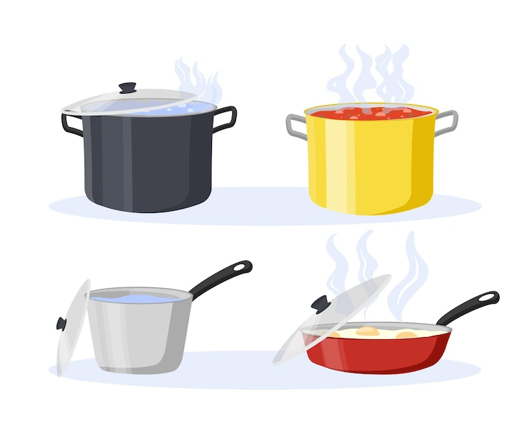 Vecteur pot de cuisson et casserole set ustensiles de cuisine pour la cuisson de soupe d'œufs brouillés et d'eau dans des autocollants de bol.