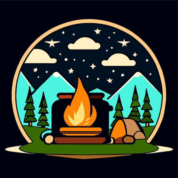 Vecteur pot sur le feu de camp camping cuisine en plein air