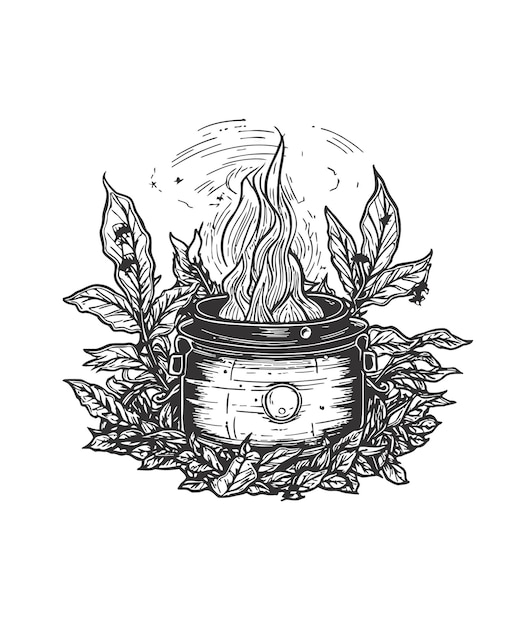 Pot sur feu de camp en noir et blanc Un croquis dessiné à la main mis en évidence sur un fond blanc Illustration vectorielle