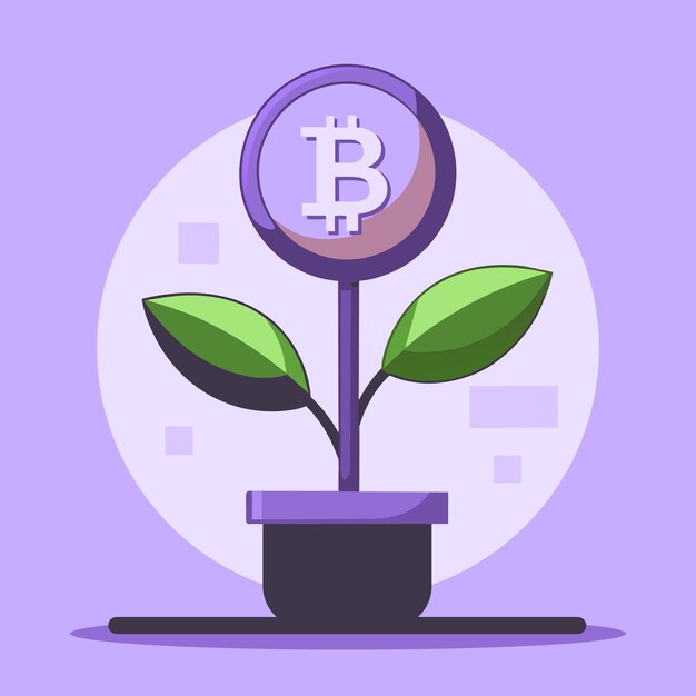 Vecteur un pot de fleurs violet avec un symbole bitcoin sur lui pousse du sol sur un fond violet