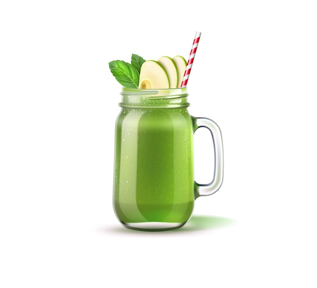 Vecteur pot mason smoothie réaliste avec tranches de pomme, feuilles vertes et paille. les fruits et légumes verts se mélangent dans un bocal en verre. cocktail détox pour une alimentation saine. shake aux épinards, kiwi et céleri.