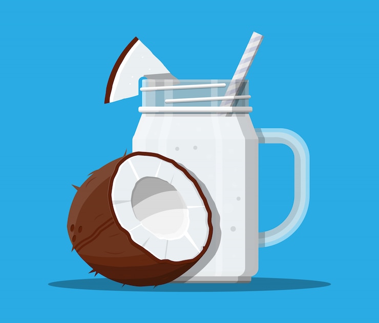 Vecteur pot avec smoothie à la noix de coco avec paille rayée.