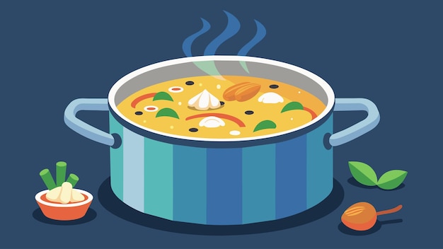 Vecteur un pot de soupe de nouilles de poulet faite maison bouillonnant sur le poêle rempli de légumes et tranchés