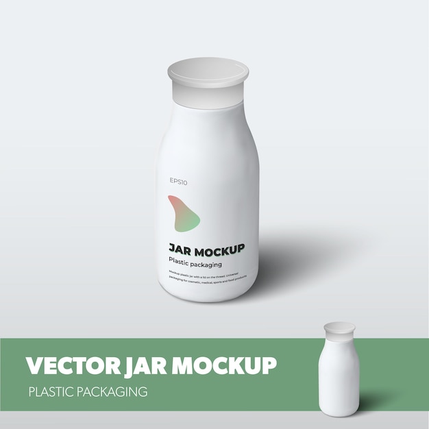 Vecteur pot vectoriel maquette avec bouchon à vis, pour additifs, isolé sur fond avec des ombres réalistes. modèle de bouteille pour lotion, yaourt, présentation de conception en vert, publicité en pharmacie, industrie de la beauté