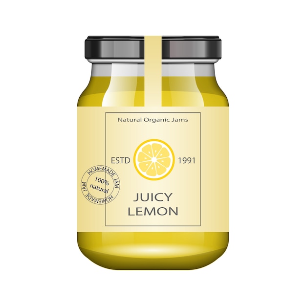 Pot en verre avec de la confiture de citron et configurez. Collection d'emballage. Étiquette vintage pour la confiture. Banque réaliste.