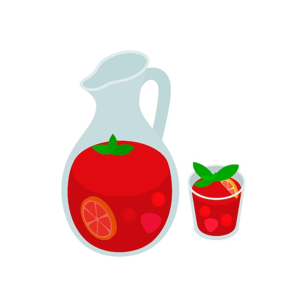 Pot et verre d'icône de sangria fraîche dans un style 3D isométrique sur fond blanc jambon espagnol