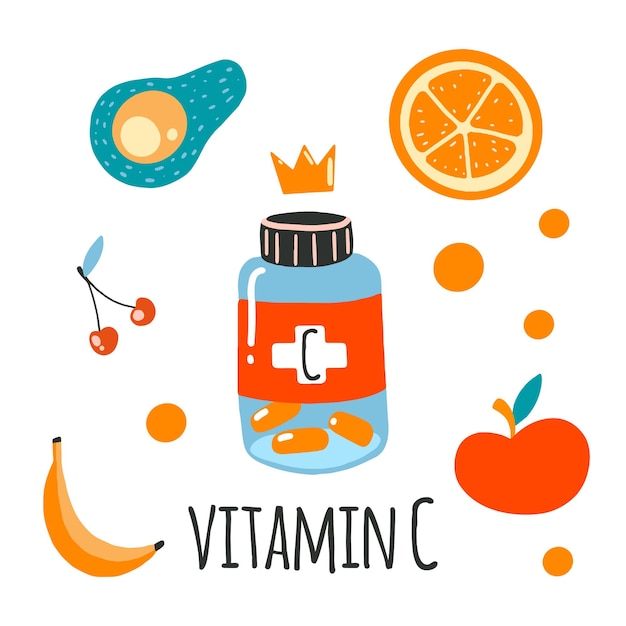 Pot De Vitamine C Avec Pilules Pomme Avocat Cerise Orange Banane Illustration Vectorielle De Dessin Animé Plat Style Dessiné à La Main Isolé Sur Blanc Concept De Santé Et De Bien-être Positif