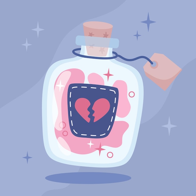 Potion d'amour magique rose dans une bouteille en verre avec une illustration de bouchon en style dessin animé plat