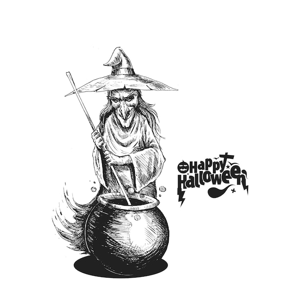 Potion De Cuisine De Sorcière En Pot Et Texte Happy Halloween, Illustration Vectorielle De Croquis Dessinés à La Main.