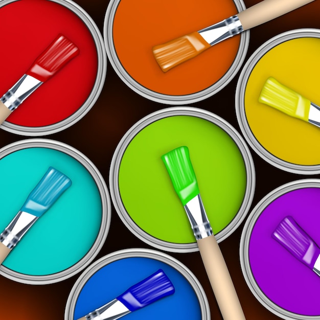 Pots de peinture colorés sept couleurs de l'arc-en-ciel