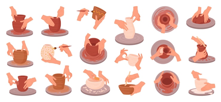 Vecteur potters mains artisanat de la vaisselle céramique studio des potiers mains travaillent avec de l'argile potiers roue et procédé de modélisation de la céramique jeu d'illustration vectoriel plat atelier de poterie artisanal et scènes de passe-temps