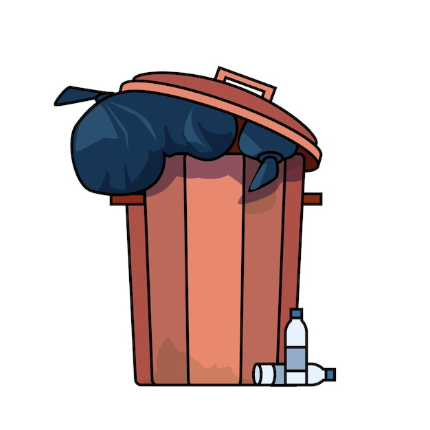 Vecteur poubelle de rue, couleur rouge, remplie de sacs à ordures, dessin de contour, illustration vectorielle