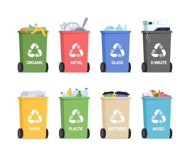 Poubelles De Recyclage Pour Les Ordures Séparées Organiques, Métalliques, Verre Avec Déchets électroniques Et Déchets En Papier Ou En Plastique, Piles Et Déchets Mixtes